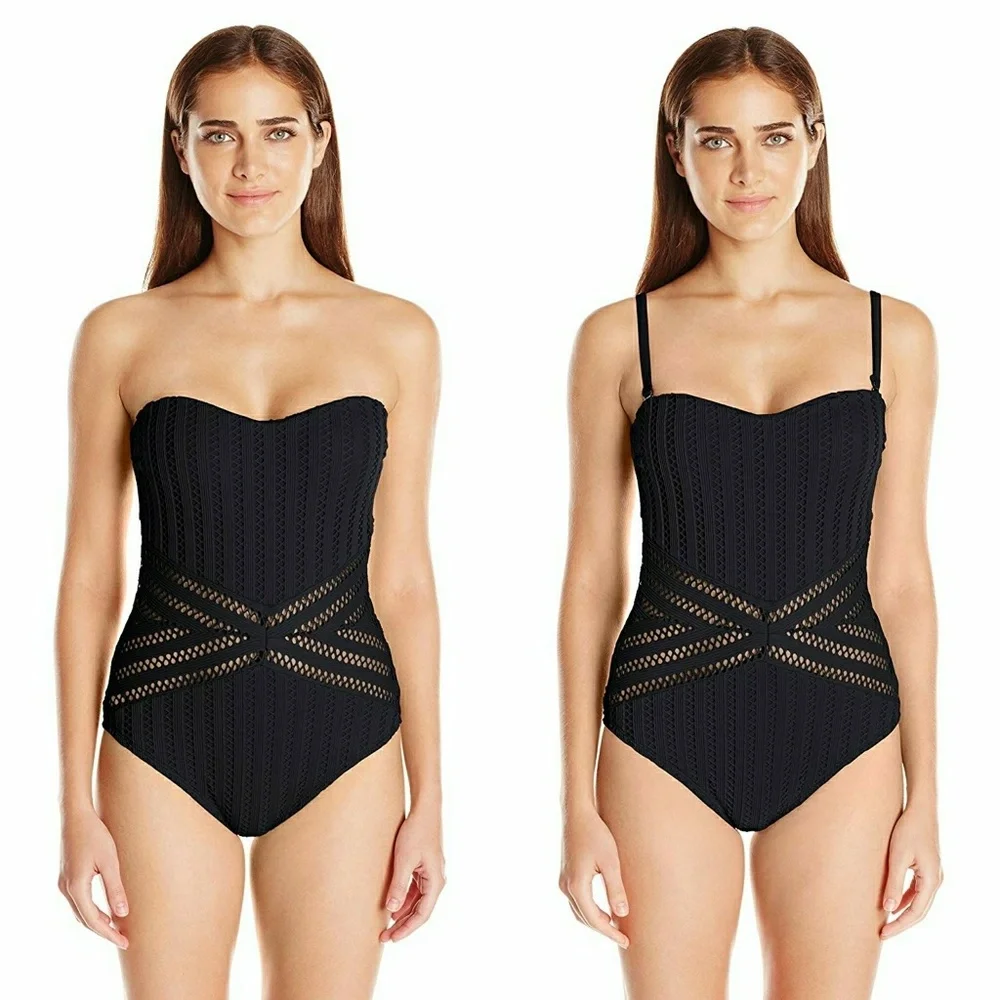 New! KENNETH COLE Crochet Bandeau Black Women's One-Piece Swimsuit Bathing Suit
